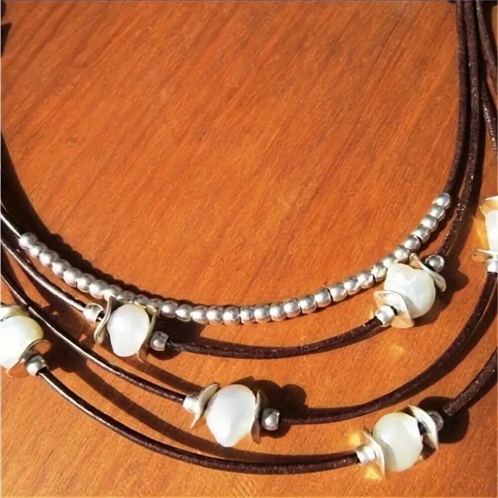 Multi-Strand Pearl Accent Necklace in Brown and Silver - - Picture 2 of 4